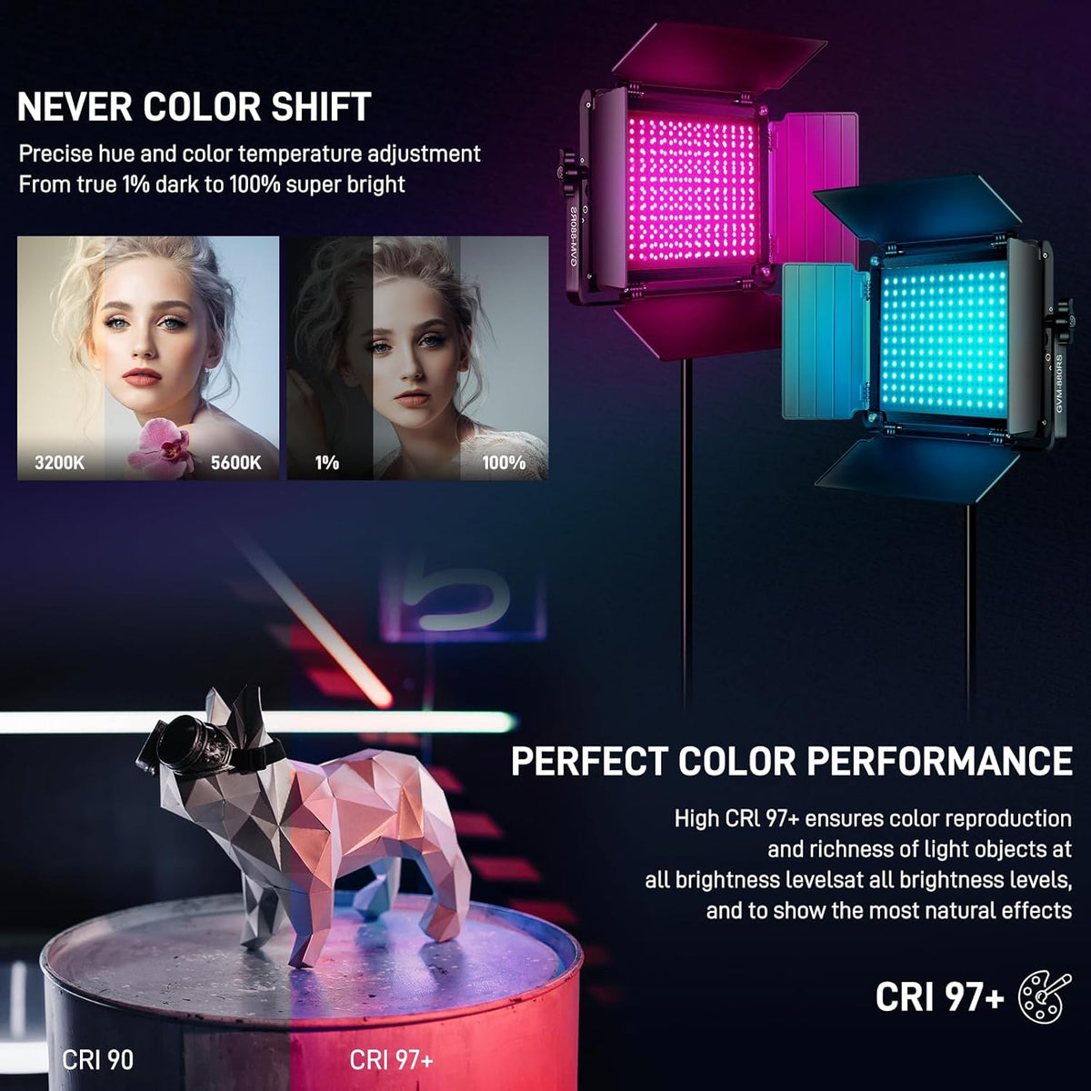 RGB LED-videolamp set van 2 met statieven – LED videolicht – Studiolamp – Fotolamp – Continu licht – 60 W per lamp – Bluetooth app-bediening