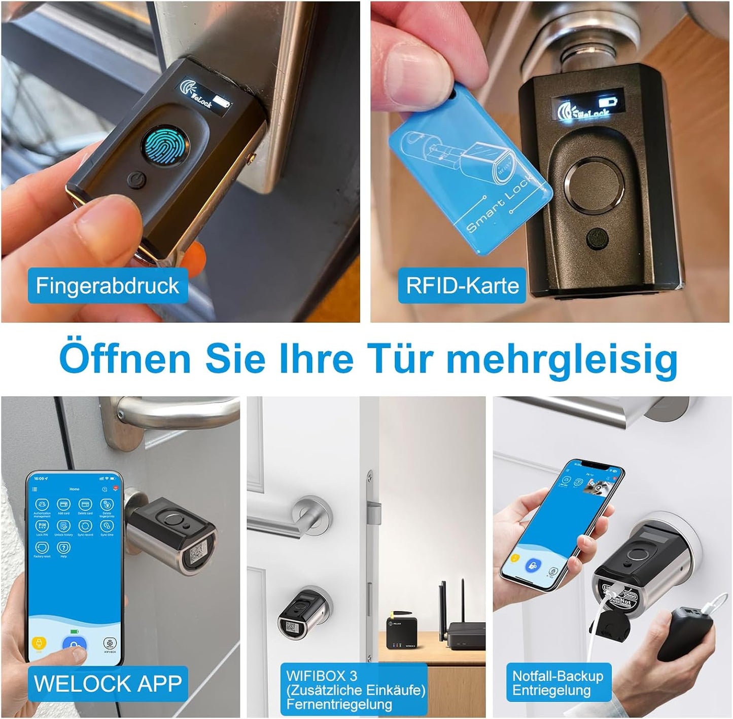 Welok Touch41 Deurslot, vingerafdruk met wifibox 3, elektronisch deurslot met RFID-kaart, bluetooth, wifi, afstandsbediening IP65, werkt met Alexa, verstelling voor deuren van 50-100 mm