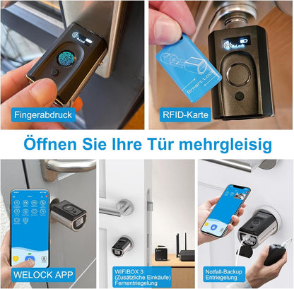 Welok Touch41 Deurslot, vingerafdruk met wifibox 3, elektronisch deurslot met RFID-kaart, bluetooth, wifi, afstandsbediening IP65, werkt met Alexa, verstelling voor deuren van 50-100 mm