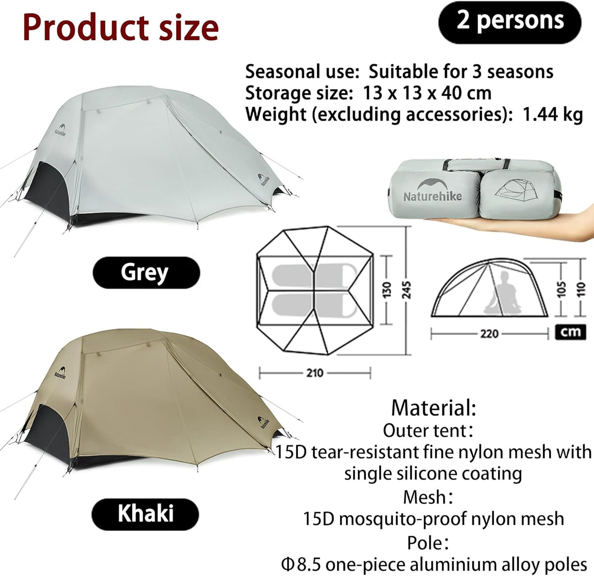 Naturehike Star River UL Wandeltent, ultralichte wandeltent, tweepersoonstent (1,44 kg), uitbreidbaar dubbel tentdak, geschikt voor wandelingen, fietstochten, kamperen en rugzakreizen