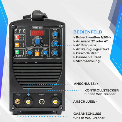 IPOTOOLS ACDCTIG 200P WIG Lasapparaat, AC/DC, lasapparaat met 200 ampère, volledig digitaal inverter-lasapparaat, inclusief HF-ontsteking, pulsfunctie, MMA/E-hand, IGBT