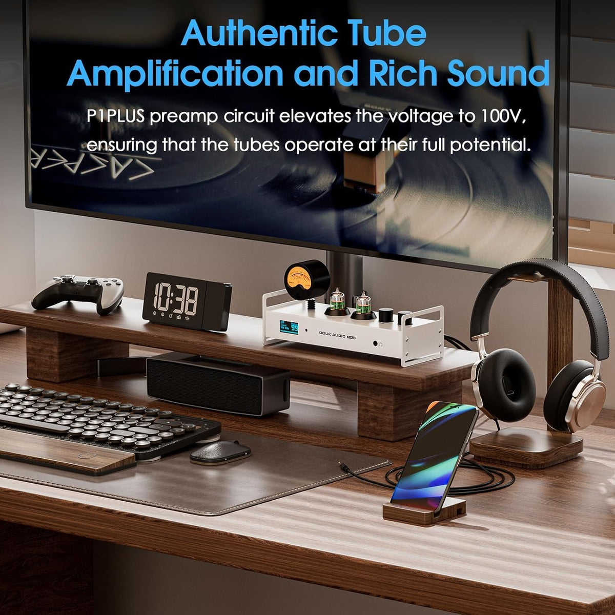 Douk Audio 2-kanaals Bluetooth vacuümbuizen, voorversterker, hifi-hoofdtelefoonversterker, USB-DAC pc-geluidskaart, draadloze ontvanger, audio preamp met VU-meter, optisch, coaxiaal, APTX, LDAC