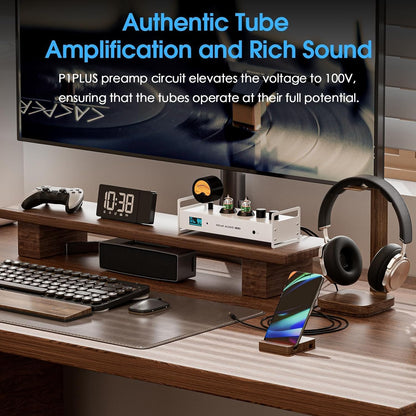 Douk Audio 2-kanaals Bluetooth vacuümbuizen, voorversterker, hifi-hoofdtelefoonversterker, USB-DAC pc-geluidskaart, draadloze ontvanger, audio preamp met VU-meter, optisch, coaxiaal, APTX, LDAC