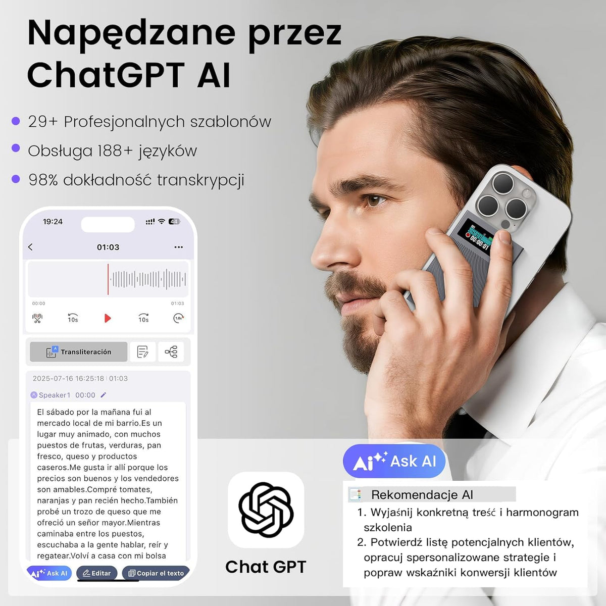 NEWYES Ailog KI Digitaal dicteerapparaat met speciale app, transcriberen en samenvatten, vertaling in meer dan 188 talen, 64 GB geheugen voor vergaderingen, lezingen, oproepen, zaken, onderwijs