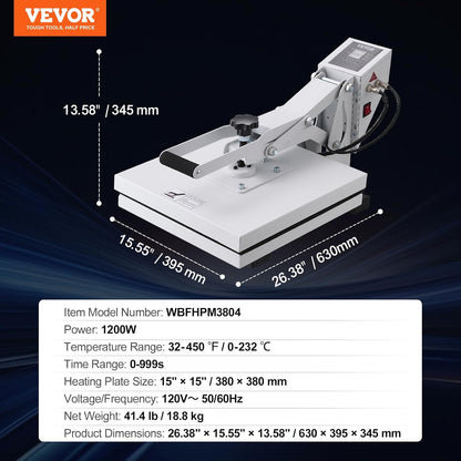 VEVOR Warmtepers, warmtepersmachine voor T-shirts, snel opwarmen, hogedruk-warmtepers 15 x 15, krachtige digitale industriële sublimatieprinter voor warmteoverdracht vinyl