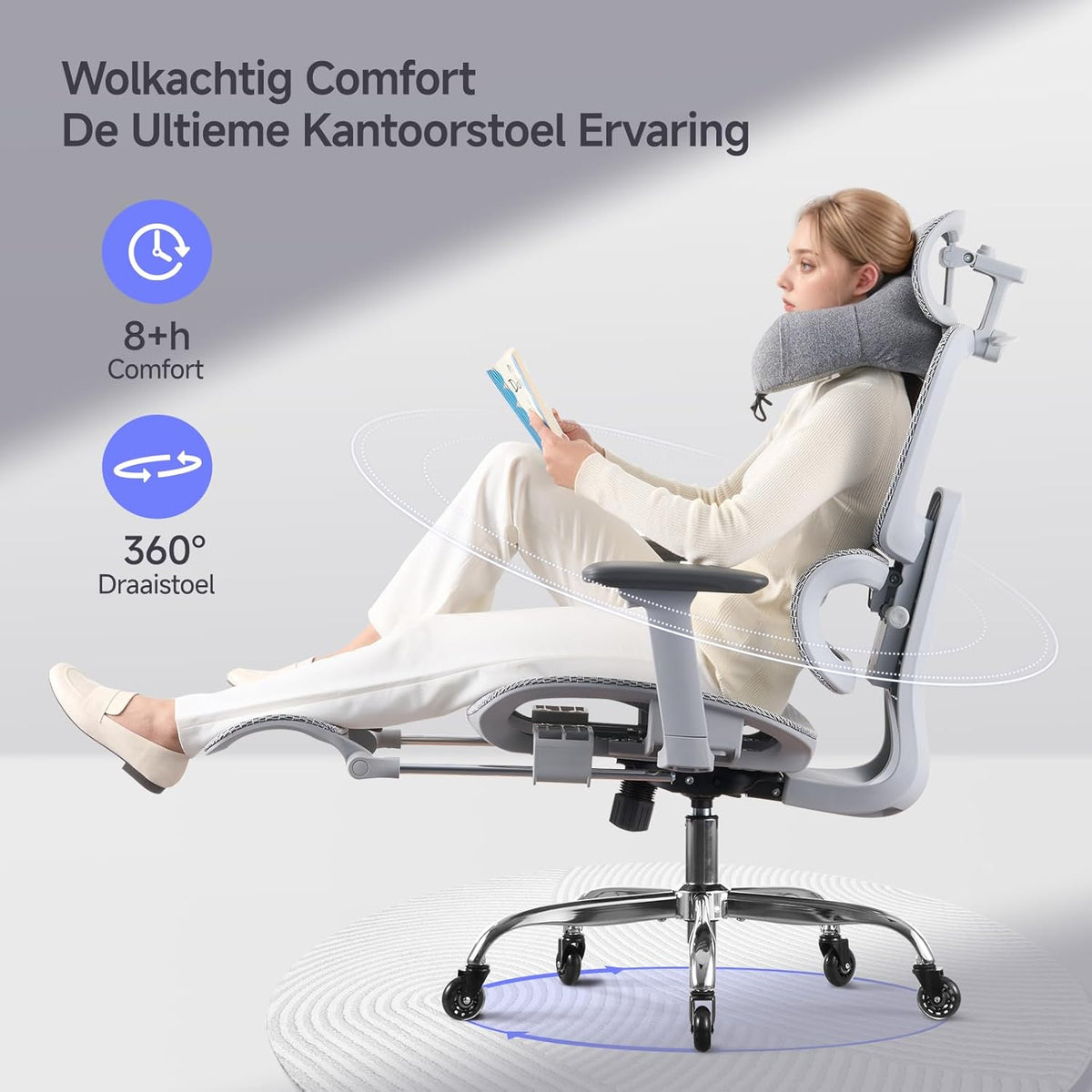 Ergonomische Bureaustoel met Voetensteun & Nekkussen - 5 Standen Verstelbare Rugleuning, 2D Lendensteun, 3D Armleuningen, 145° Kantelfunctie, Mesh Zitting voor Kantoor/Thuiswerk, Grijs