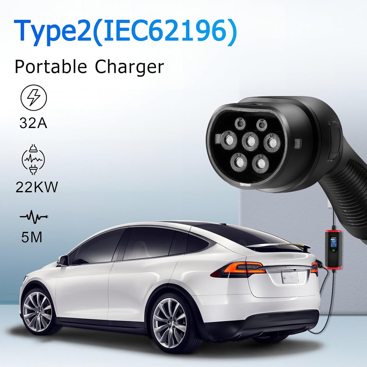 Charging Cable Type2 CEE Plug, [22kw, 32A, 3-phase, 5M], Type2 Charging Cable CEE with Adjustable Current and Digital Display, IEC62196 EV Charger for EV/PHEV