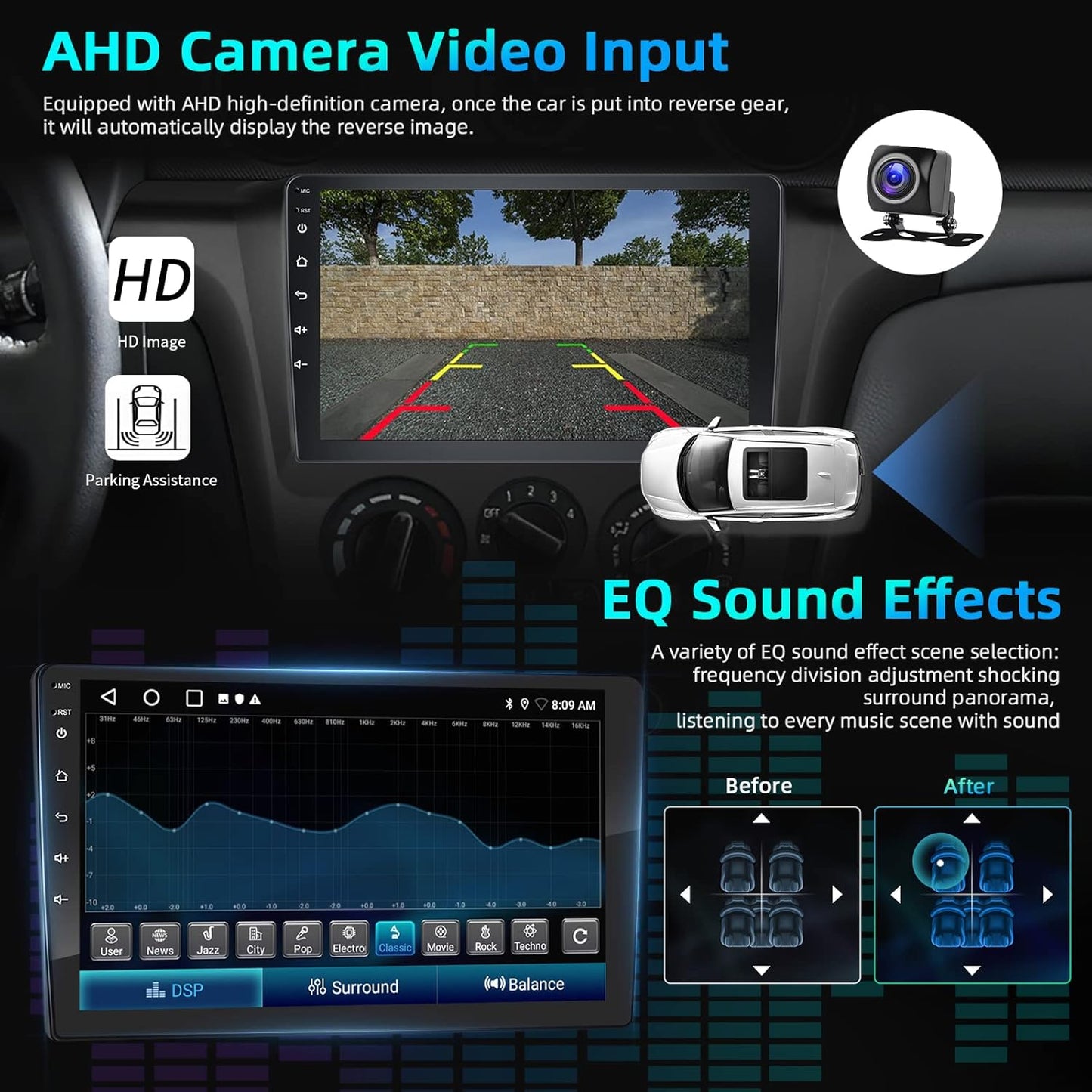Podofo Android 13 Autoradio 2 Din met Draadloze Apple CarPlay Android Auto,2+32G 9 Inch Autoradio met Bluetooth en GPS Navigatie,Wifi,Mirror Link,FM/RDS +Achteruitrijcamera