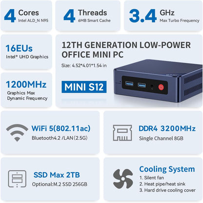 Mini PC – Mini Computer – Desktop PC – Compacte PC – Werkstation – Intel Alder Lake-N95 Processor – 8GB DDR4 RAM & 256GB SSD