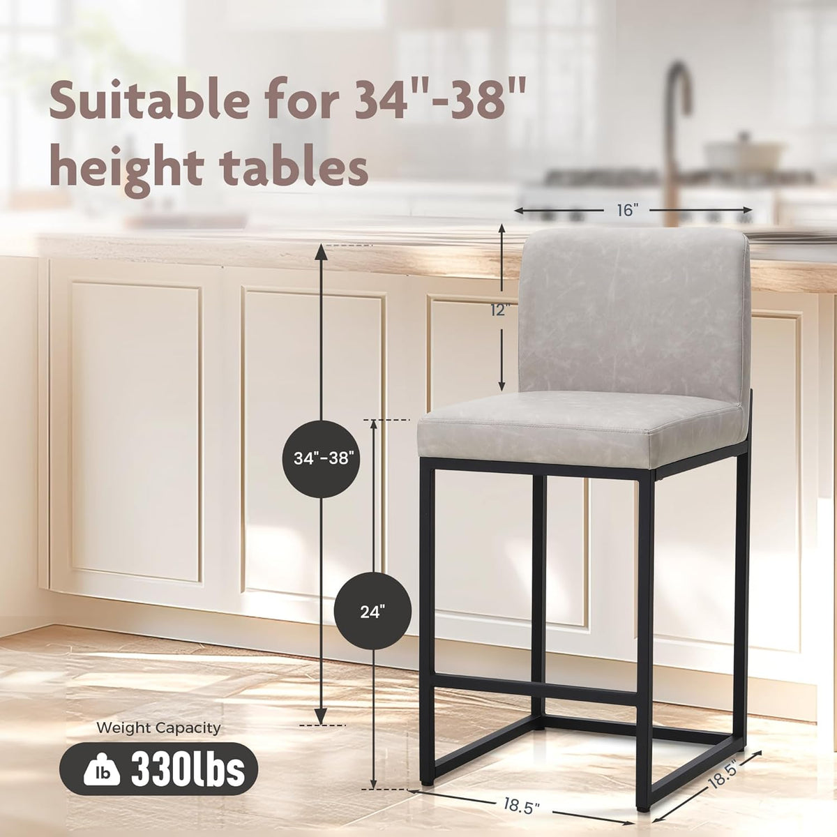 ALPHA HOME Barkruk set van 2 barkrukken met rugleuning, PU-leer, keukenkruk, barstoel, set van 2 met voetensteun, voor aanrecht, stabiel metalen stalen frame, lichtgrijs