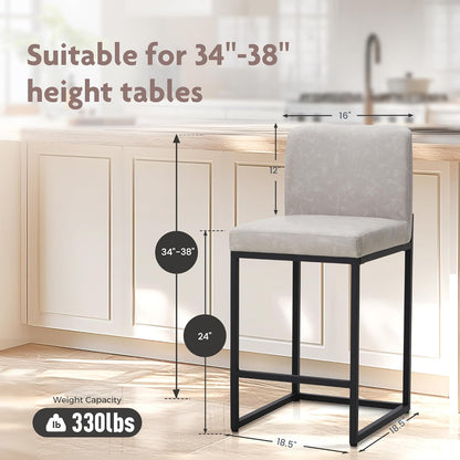 ALPHA HOME Barkruk set van 2 barkrukken met rugleuning, PU-leer, keukenkruk, barstoel, set van 2 met voetensteun, voor aanrecht, stabiel metalen stalen frame, lichtgrijs