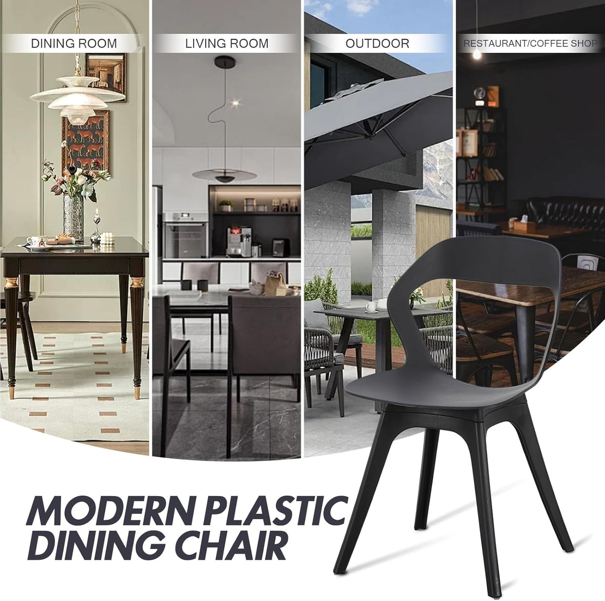 Plastic Eetkamerstoelen - Set van 4 Moderne Buitenkeukenstoelen voor Patio/Woonkamer - Zware Eetkamerstoel met Holle Rug - Mid Century Zijstoel voor Buiten, Bistro, Café - Zwart