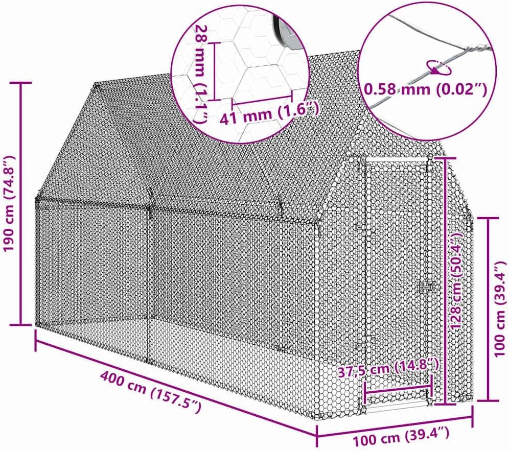 Kippenkooi – Kippenren – Poultry Cage – Kippenhok – Gevogelte Ren – 400x170x177 cm – Gegalvaniseerd Staal – Weerbestendig & Ruim