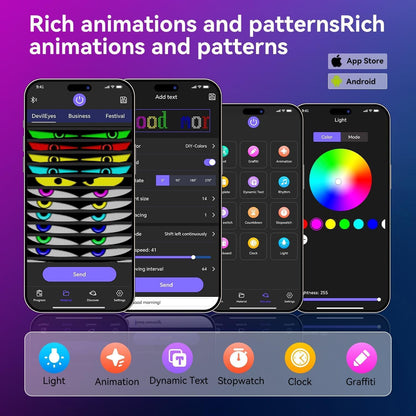 Flexibel led-displaybord, 59 x 12 cm, 2 stuks, programmeerbaar RGB-loopschrift via Bluetooth Smart app, full-colour Devil Eyes Matrix paneel, voor autostyling, bar, reclame, restaurant, winkel