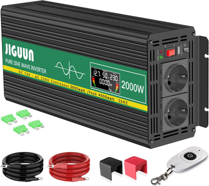 JIGUUN 2000W omvormer 12v naar 230v zuivere sinus Converter inverter met draadloze afstandsbediening LCD-scherm 2 EU & 1 USB-poort Piekvermogen 4000W voor auto, camping, reizen,noodgeval