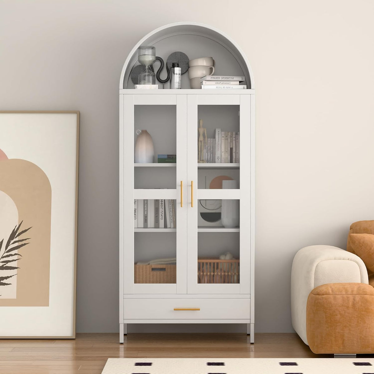 SUPEER 185 cm metalen gebogen opbergvitrine in wit met lade, gewelfde kasten met glazen deuren en planken voor woonkamer, keukens en slaapkamers, montage vereist