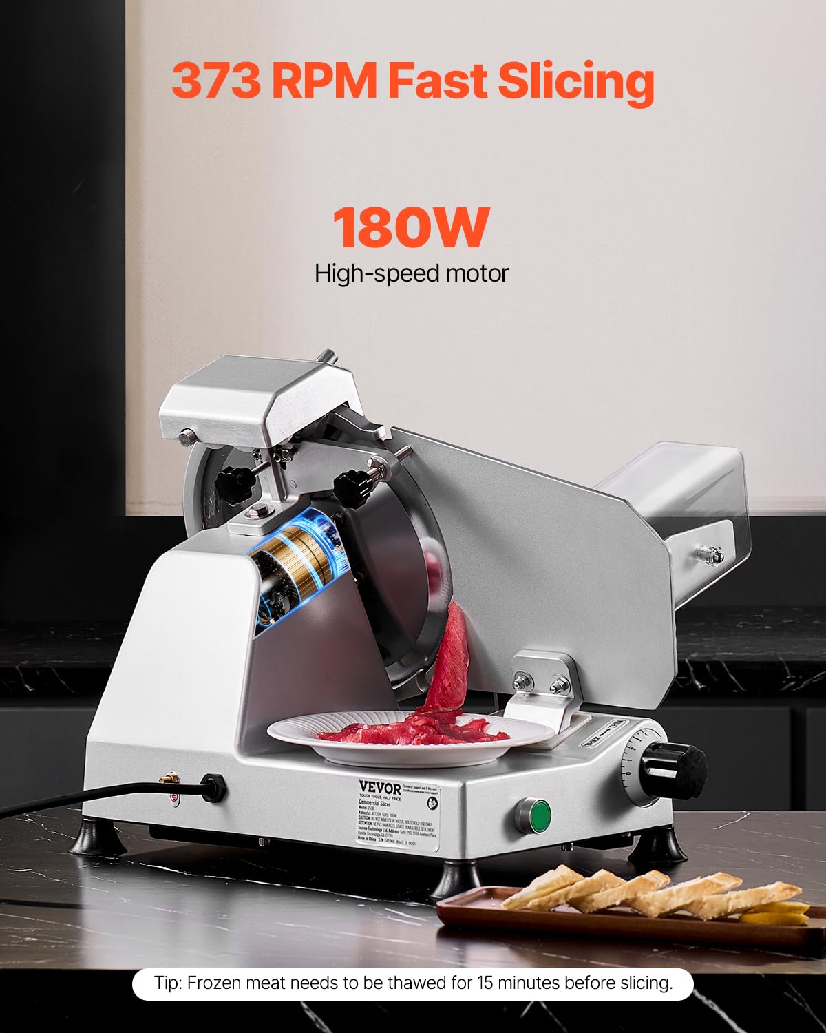 VEVOR Commerciële vleessnijder, 180 W, elektrische vleeswarensnijder, met hoogwaardig lemmet van 65 Mn, instelbare dikte 0-10 mm, voor vlees, hardbrood, kaas