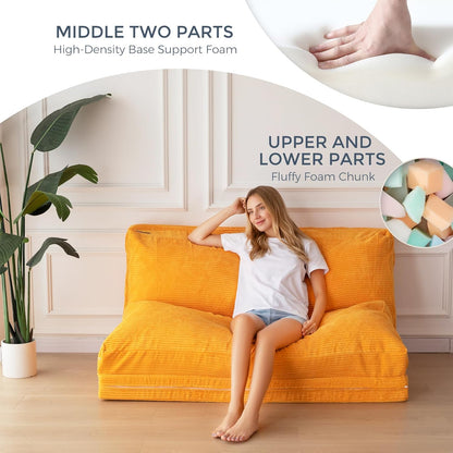 MAXYOYO Zitzakbed, opvouwbaar, corduroy fluweel, slaapbank, vloermatras voor volwassenen, extra dik, 4-voudig gevouwen, vloerbank voor slaapkamer, woonkamer, beige, 100 x 240 cm