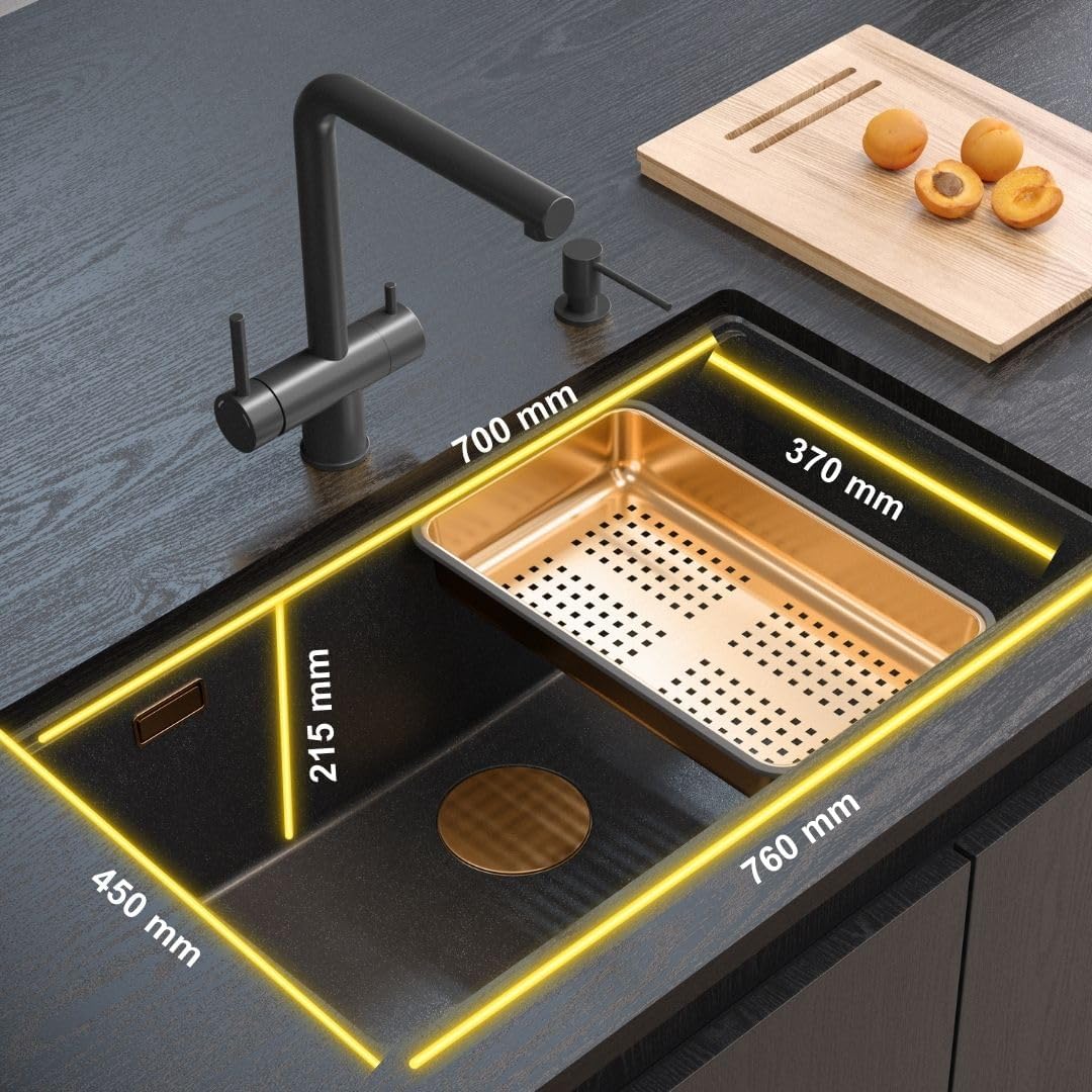 Quadron Gan 110 Enkele wastafel keukenspoelbak granieten keuken| afmetingen 70 x 37 x 23,5 cm Kleur: Pure Carbon | LOGAN 110 enkele wastafel keukenspoelbak | granieten spoelbak | inbouwspoelbak