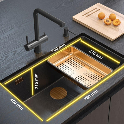 Quadron Gan 110 Enkele wastafel keukenspoelbak granieten keuken| afmetingen 70 x 37 x 23,5 cm Kleur: Pure Carbon | LOGAN 110 enkele wastafel keukenspoelbak | granieten spoelbak | inbouwspoelbak