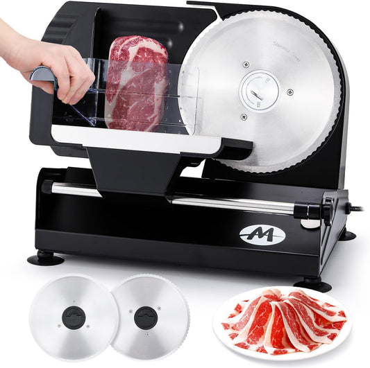 Moongiantgo Allessnijder, elektrische broodsnijmachine met 2 afneembare roestvrijstalen messen van 7,3 inch, 1-20 mm instelbare snijdikte, snijmachine, kiche voor worst, vlees, kaas, groenten (220 W)