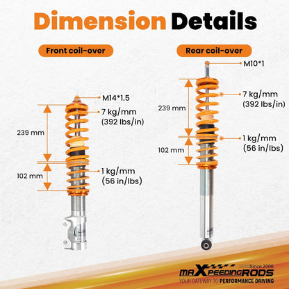 maXpeedingrods Set van 4 Coilover-combi-schroefdraad veerset schokdempers in hoogte verstelbaar voor VW Golf Mk2, Golf Mk3, Jetta Mk2, Jetta/Vento Mk3, Corrado 1989-1995, Toledo Mk1 goud