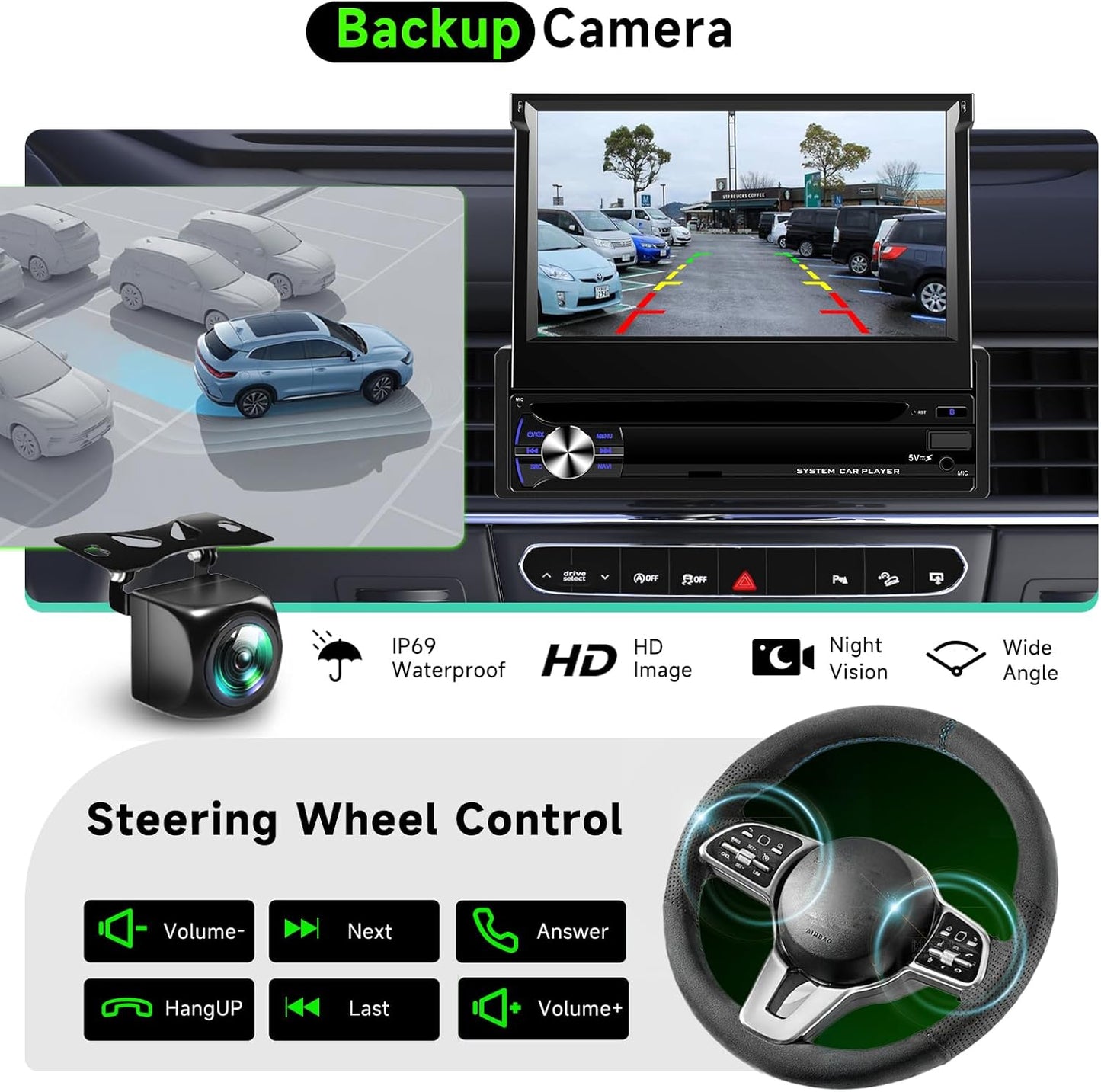 Hodozzy 4G + 64G Android autoradio 1 DIN met CarPlay, draadloos, Android, auto, HD-touchscreen, 17,8 cm (7 inch), intrekbaar display met Bluetooth, GPS, WLAN, Mirrorlink FM/RDS, radio USB/AUX camera