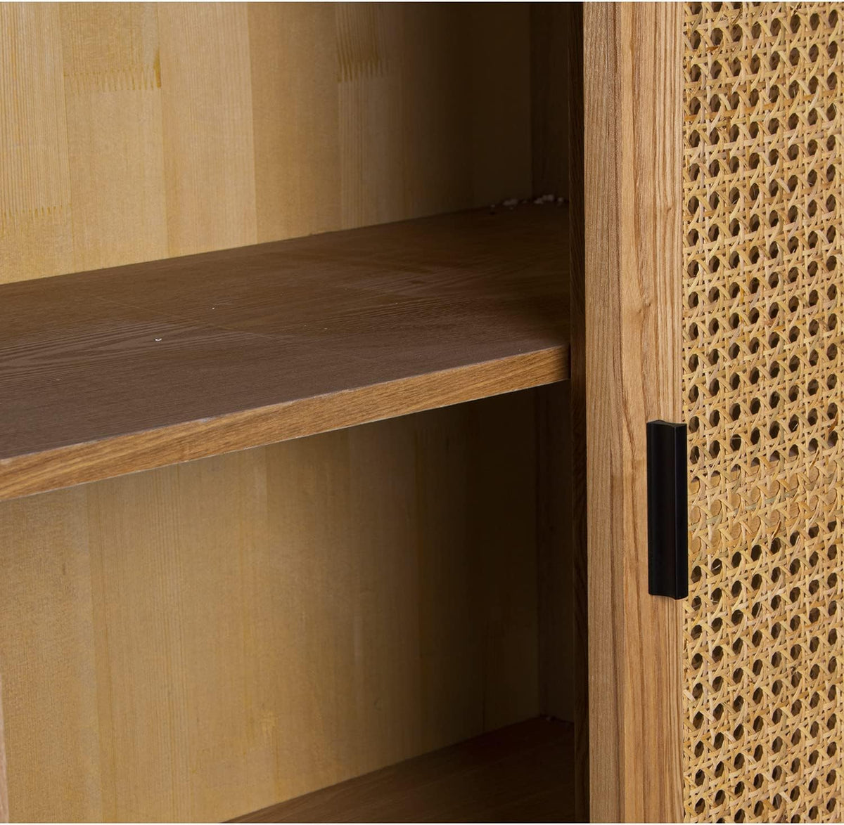DRW Dressoir met 2 schuifdeuren van MDF, wilgentenen en metaal in natuur en zwart, 76 x 40 x 154 cm