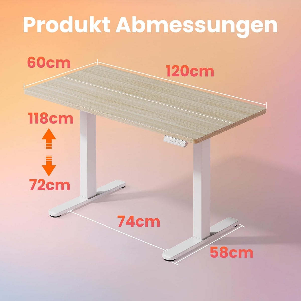HUANUO In hoogte verstelbaar bureau met USB-oplaadpoort, 120 x 60 cm, 4 hoogte-instellingen, elektrisch bureau voor thuis, kantoor en computer
