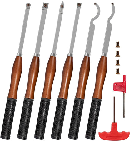 Carbide Houten Draaibank Draaien Gereedschapskit Met Houten Doos, 6 stuks 460mm Professionele Carbide Draaibank Gereedschappen Met Inbegrip Van Zwaan Hals Holter, Beukenhandvat Met Rubber