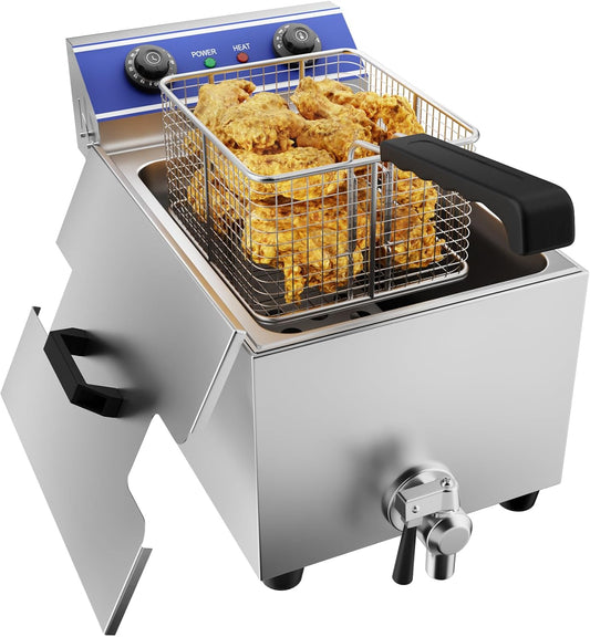 TAIMIKO Elektrische Friteuse, roestvrij staal, thermostaat 60 – 200 °C, frituermand en deksel, afneembaar bak (6L, met timer)