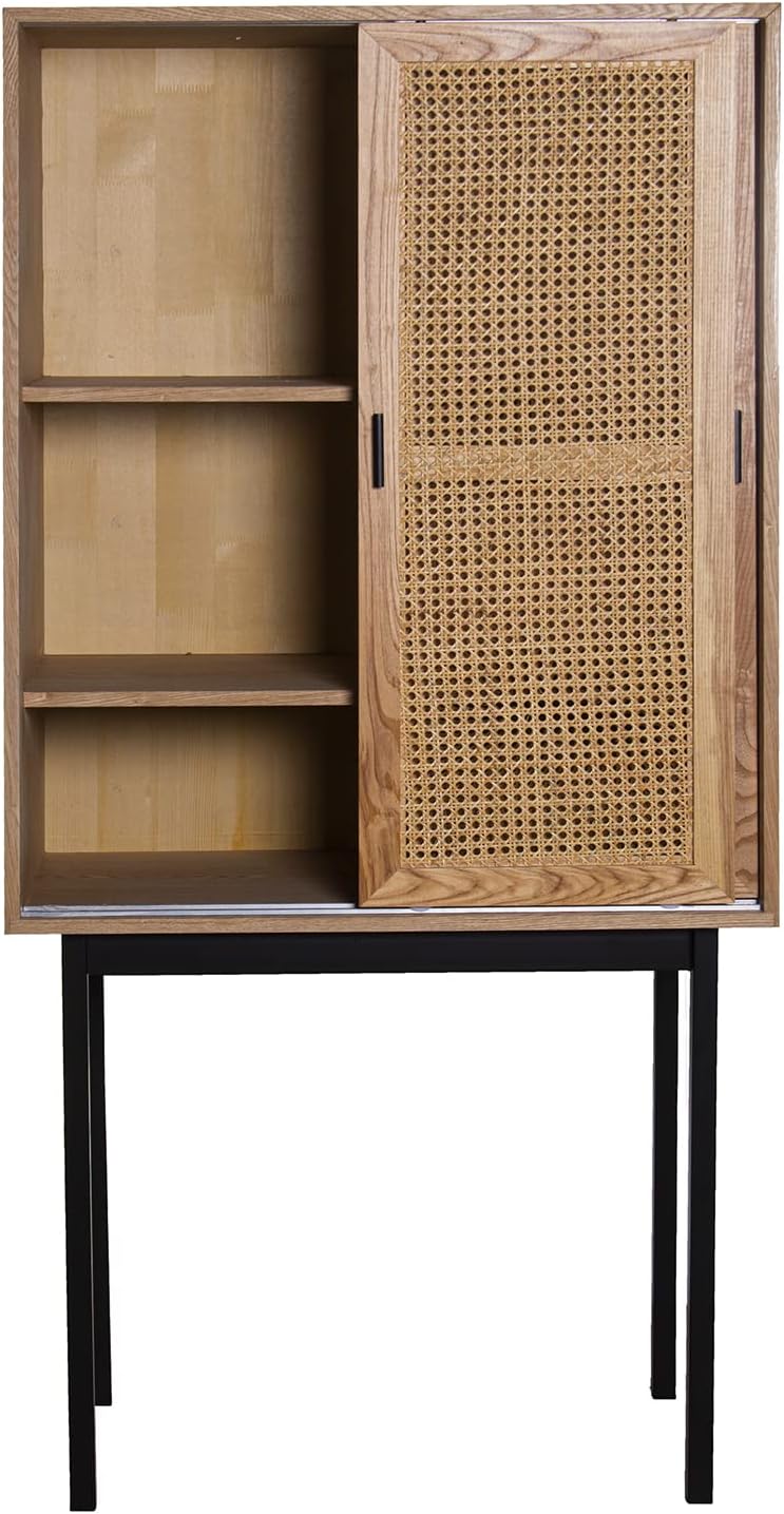 DRW Dressoir met 2 schuifdeuren van MDF, wilgentenen en metaal in natuur en zwart, 76 x 40 x 154 cm