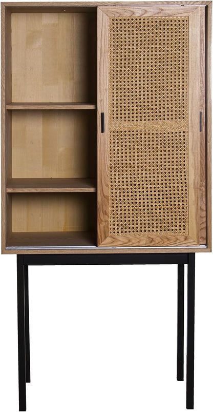 DRW Dressoir met 2 schuifdeuren van MDF, wilgentenen en metaal in natuur en zwart, 76 x 40 x 154 cm