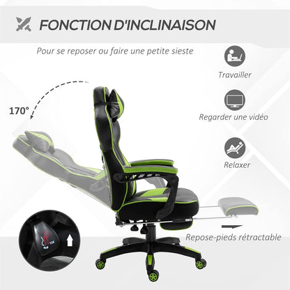 Vinsetto Ergonomic Gaming Chair, Comfortable Office Chair with Footrest, Headrest and Lumbar Cushion, Height Adjustable, Black and Green - QUORE