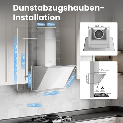 COMFEE CH60J64ET4A2W A++ afzuigkap 60 cm, afzuigkap 60 cm convectie en afvoerlucht, 380 m³/h luchtstroom, roestvrij staal/glazen design met touchscreen, led, afzuigkap incl. koolstoffilter, wit