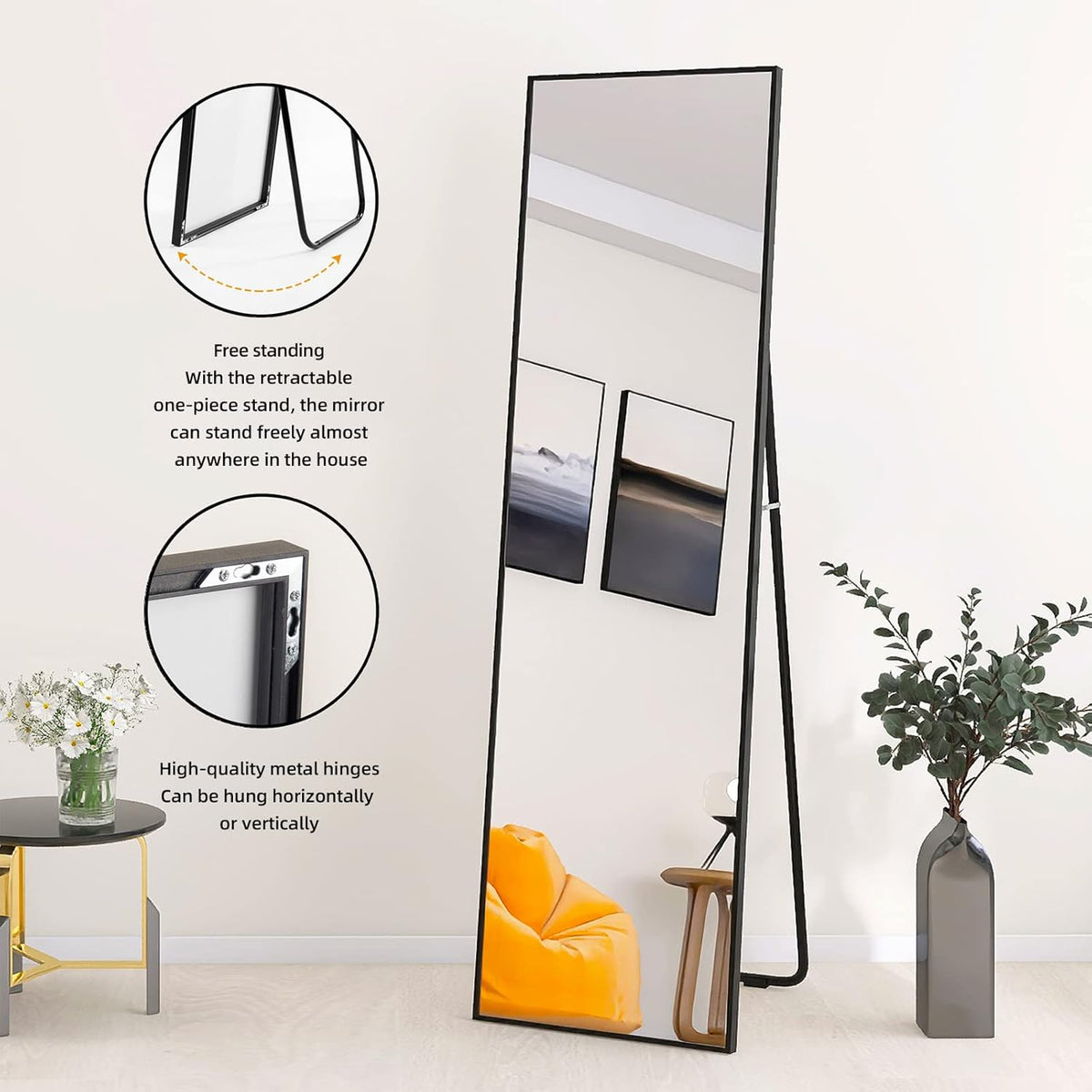 Beauty4U Spiegel in volledige lengte, 140 x 40 cm, vrijstaand, hangend of leunend, grote vloerspiegel met zwart aluminium frame voor woonkamer of slaapkamer