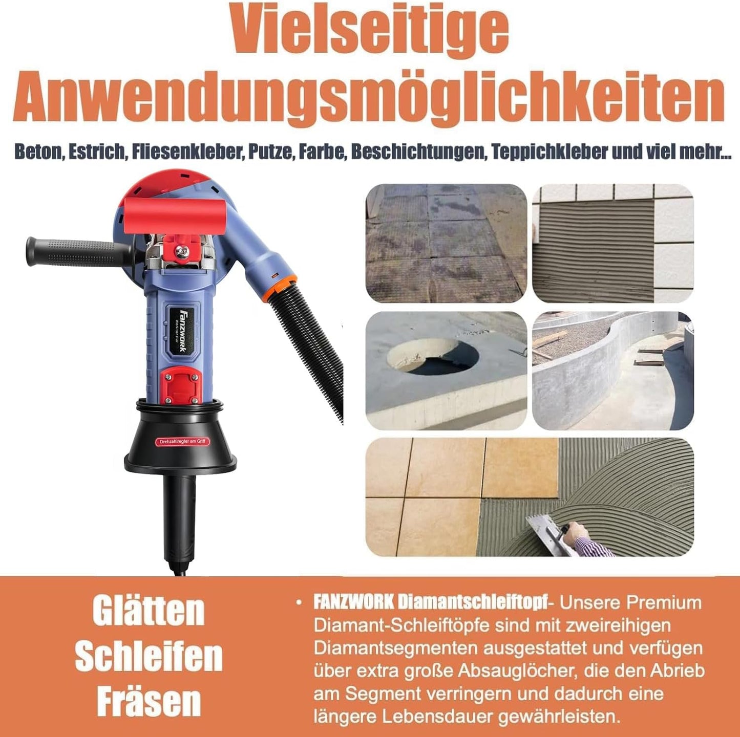FANZTOOL Betonschuurmachine, 1500 W, instelbare snelheid, met diamantkop 125 mm, zuigkap en T-greep, ideaal voor beton en tegellijm