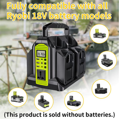 350W 4-poorts zuivere sinusomvormer, DC 18V naar 230V/240V AC-voeding, compatibel met Ryobi 18V lithiumbatterijen (batterij niet inbegrepen) | Draagbare draadloze omvormer voor buiten