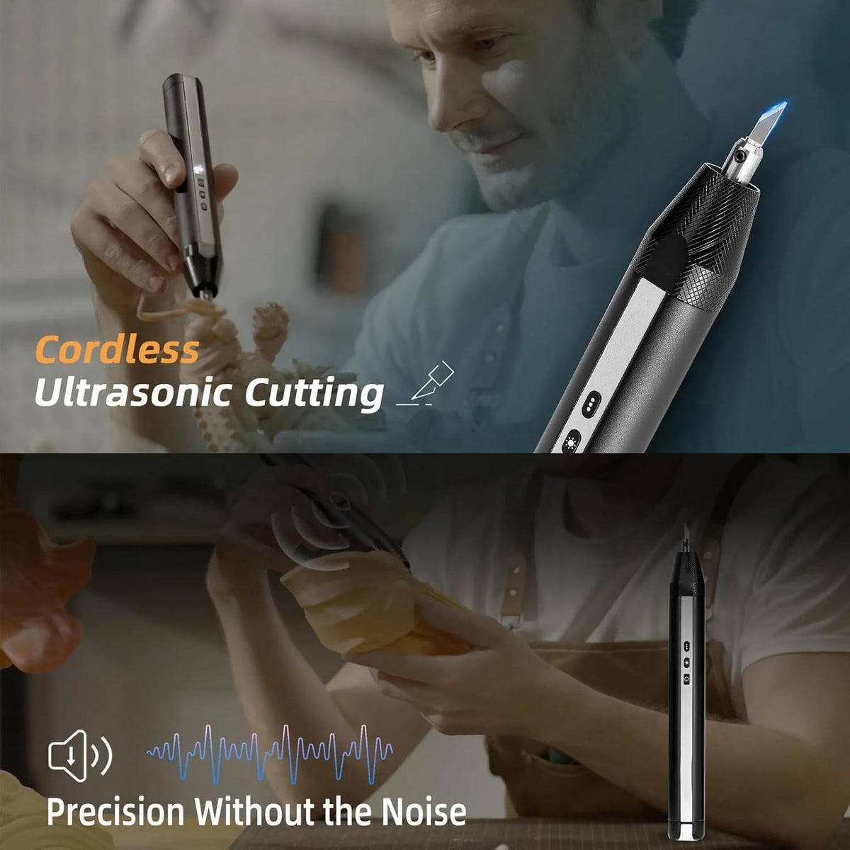 Fafeicy Ultrasone Snijder, Draadloze Handheld 40 KHz met LED -licht 3 Power Modi 24 -stcs Tips voor 3D -bedrukt Model PVC Lederen Houtschuim