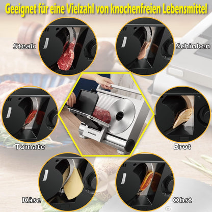 Muchen Allessnijder, elektrische broodsnijmachine, worstsnijmachine, hamsnijmachine, keukenmachine met afneembaar roestvrijstalen lemmet, 45 W, vleesnijder voor vlees, brood, fruit, zilver GJ802