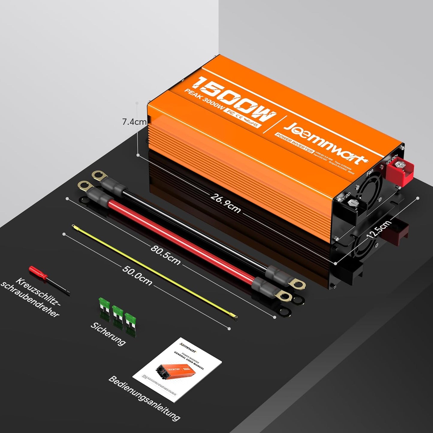 Spanningsomvormer, 1500 W, omvormer met gemodificeerde sinusgolf, 12 V naar 230 V, piekvermogen 3000 W, ideaal voor laptops, tablets, smartphones en meer