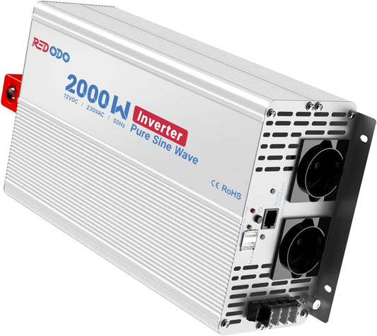 Redodo Pure Sine Wave omvormer, 2000 W, 2 V DC naar 230 V AC converter voor dames, camping, zonne-omvormer met 2 AC-uitgangen, monitoring-scherm met real-time statusweergave