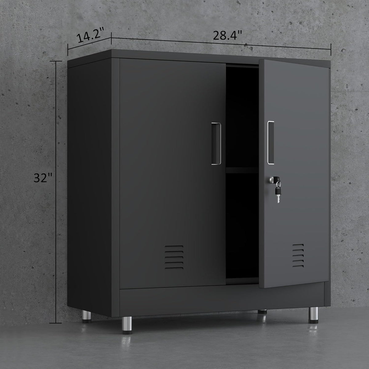 Metalen opbergkast met vergrendelingsdeuren en verstelbare plank, kleine afsluitbare dressoir buffetkast voor thuiskantoor, hal, entree, woonkamer eetkamer (zwart)