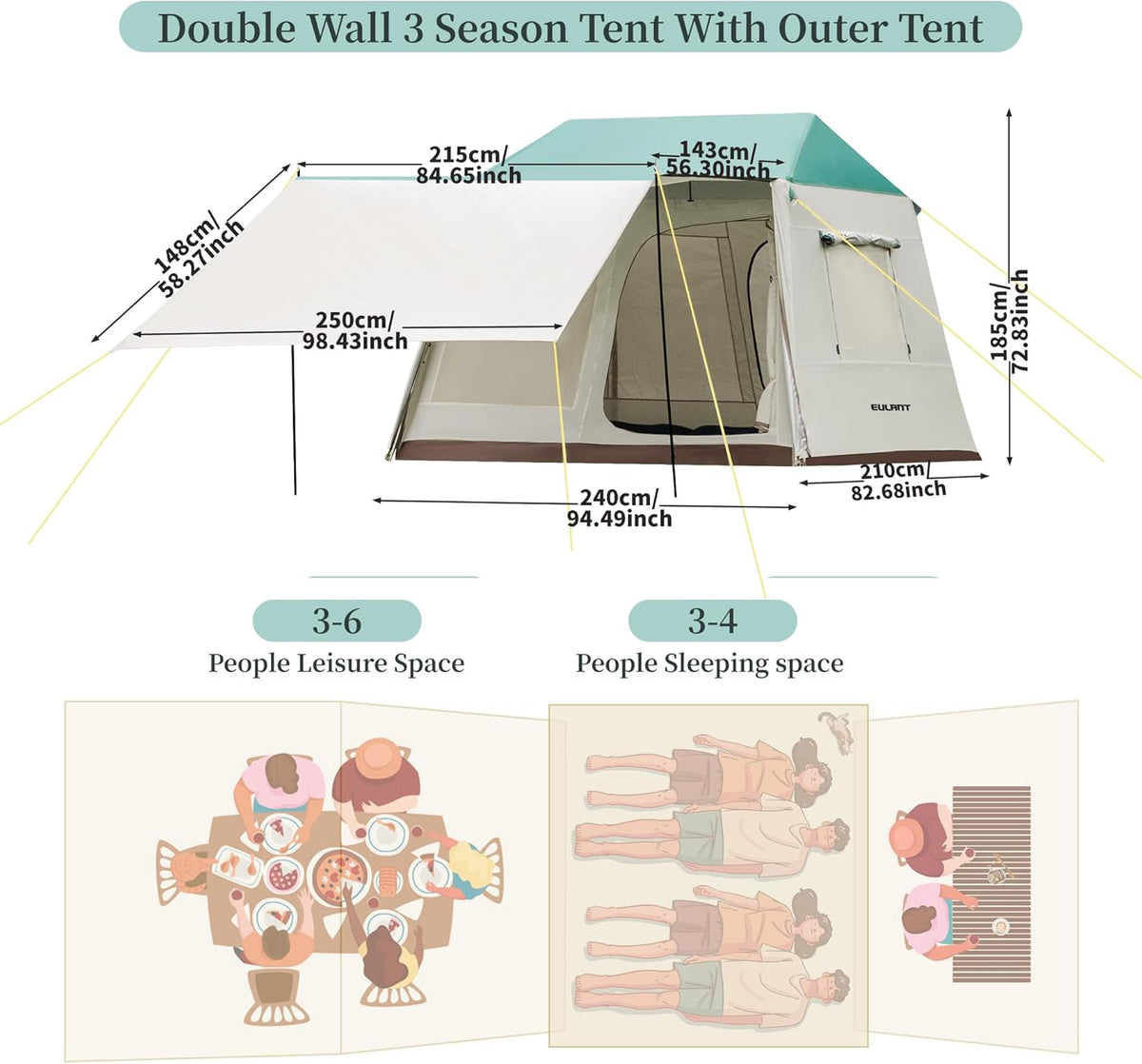 EULANT Campingtent voor 2-4 personen, ideaal voor outdoor/tuin/vissen/festivals, mooie luxe tent met buitentent en extra afdekking, waterdicht 3000 mm