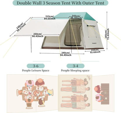 EULANT Campingtent voor 2-4 personen, ideaal voor outdoor/tuin/vissen/festivals, mooie luxe tent met buitentent en extra afdekking, waterdicht 3000 mm