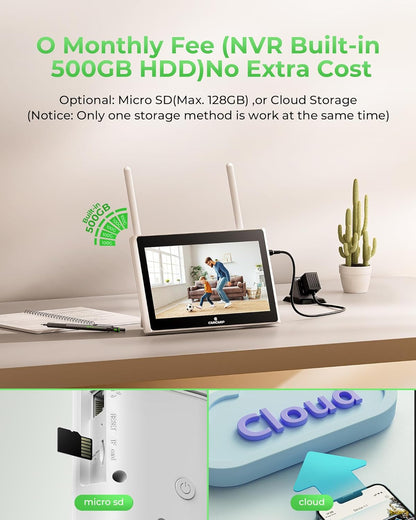 Camcamp Bewakingscameraset op zonne-energie met 10 inch monitor en 500 GB harde schijf, 2K PTZ zonnecamera voor buiten wifi, 10 CH NVR, HDMI-uitgang, kleurnachtzicht, PIR-bewegingsdetectie, 2-weg