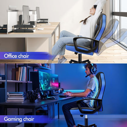 ALFORDSON Gamingstoel, PC-computer racestoel, ergonomische draaibare bureaustoel met wielen, gemaakt van PU-leer en stof, blauw