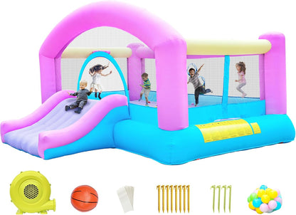 Springkasteel voor kinderen, met glijbaan en klimwand, inclusief springkasteel, binnen en buiten, springmatras voor kinderen, 3-10 jaar, 274 x 310 x 218 cm, outdoor springkastelen (groot)