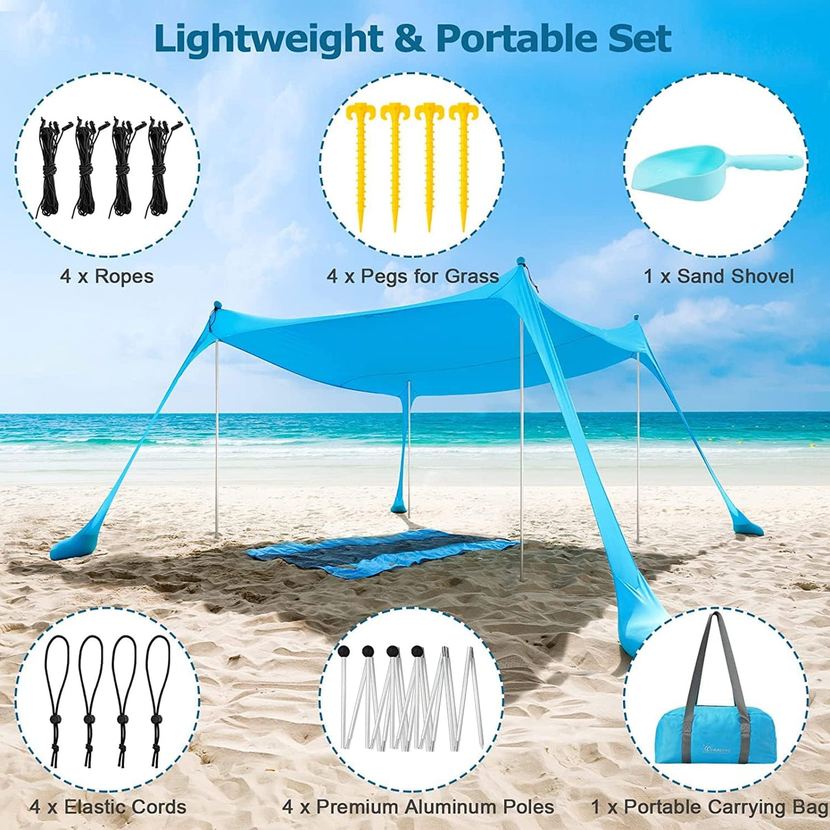 COMMOUDS Beach Tent Beach Tent Portable with 4 Aluminium Poles, 2.1 x 2.1 m, UPF50+, Easy to Set Up Family Shelter for Beach, Camping, Fishing, Outdoors