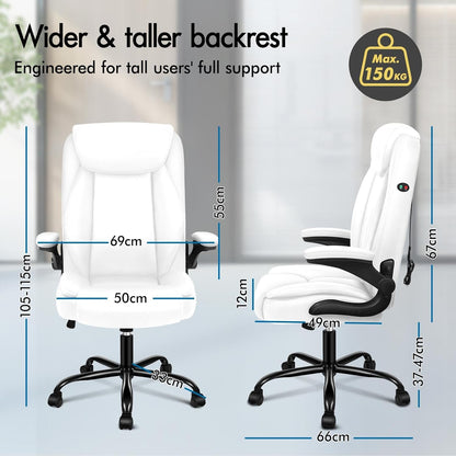 ALFORDSON Massage Bureaustoel, Ergonomische Computerstoel met Armleuning, Kunstleren Bureaustoel, Draagvermogen 150 kg, Rugleuning 90-135°, In Hoogte Verstelbaar, Wit